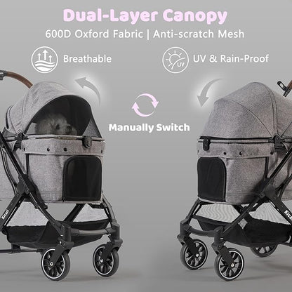 All-Terrain Dog Stroller for Small to Medium Dogs, Pet Stroller for Dogs & Cats Outdoor Walks, One-Hand Easy Fold, Double-Layer Anti-UV & Waterproof Canopy & Breathable Mesh, Charcoal Gray