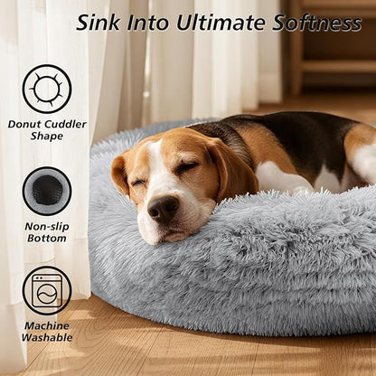 JOLLYVOGUE Calming Dog Beds Large Sized Dog, 36in Donut Washable Large Pet Bed, Anti-Slip & Anti-Anxiety Fluffy Faux Fur Round Dogs Bed, Fits up to 80 lbs Pets (Smoke Grey)