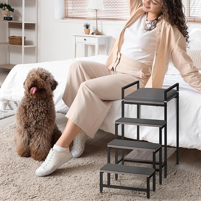 Pet Window Perch with Stairs, Grey Dog Window Perch with Stairs, 4 Steps Dog Bunk Beds with Stairs, Pet Stairs for High Beds with Cushion for Medium Small Sized Pets