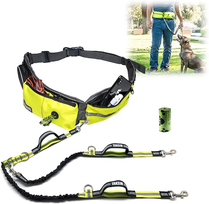 TAKSIN The Ultimate Hands Free Two Dogs Double Leash System for Walking Running Hiking Training, Reflective Bungee Leash, Treat Holder, Poop Bag Dispenser for Small Medium Large Dogs (Yellow Pack)