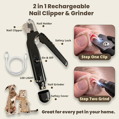 2-in-1 Dog Nail Clippers & Cat Nail Clipper with 2 LED Lights, USB Rechargeable with Safety Guard, Low Noise Grooming Tool for Small, Medium & Large Dog and Cat Nail Trimmer (Black)