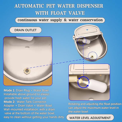 Automatic Dog Water Dispenser with Drain Hole & Drain Valve, Stainless Steel Auto Dog Water Bowl with 2 Float Valves, Hose Quick Connect Fitting, for Livestock, Chicken, Horse (3 Gallons)