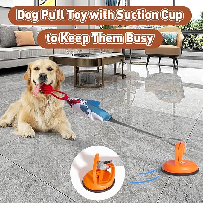 ETIAL Squeaky Dog Tug Toy, Interactive Shark Shape Tug of War Pet Pull Toy with Suction Cup to Keep Them Busy, Teeth Cleaning Dog Rope Toys for Small Medium Puppy Indoor or Outdoor Play