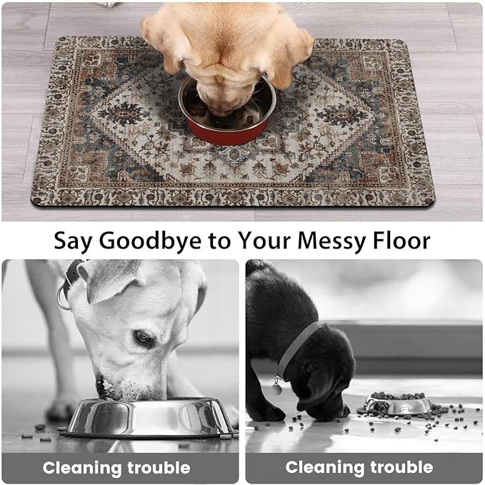 Dog Food Mats for Floors, Absorbent and Quick-Drying Pet Cat Food Mat,Anti-Fouling and Easy-to-Clean Pet Feeding Mat,Dog Bowl Mat for Messy Drinking Water Bowls.17 x32, Bohemia Style
