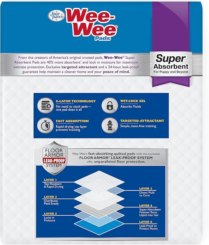 Four Paws Wee-Wee Super Absorbent Unscented Pee Pads for Dogs & Puppies with Insta-Rise Border, Leak-Proof Dog Housebreaking Potty Training Floor Protection, 24" x 24", 40 Count