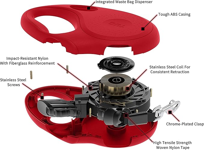 TUG Oval 360° Tangle-Free Retractable Dog Leash with Integrated Waste Bag Dispenser (Medium, Red)