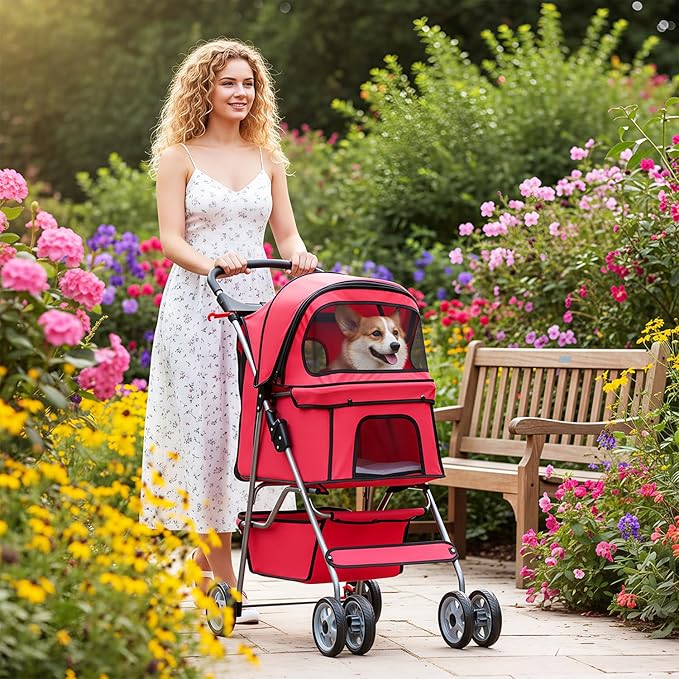 BestOffice Pet Stroller for Small Medium Dogs & Cats, 4-Wheel Foldable Dog Stroller with Cup Holder, Lightweight Travel Carrier, Waterproof Design for Outdoor Walks, Red