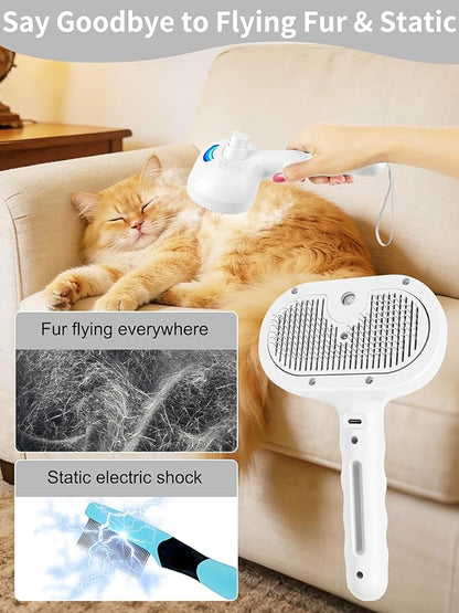 Dog Steam Brush Self Cleaning 3 in 1 Cat Steam Brush for Hair Shedding Massaging Grooming,Reducing Flying Fur & Static,Spray Comb with Storage String for Long Short Haired Furry Pets - White