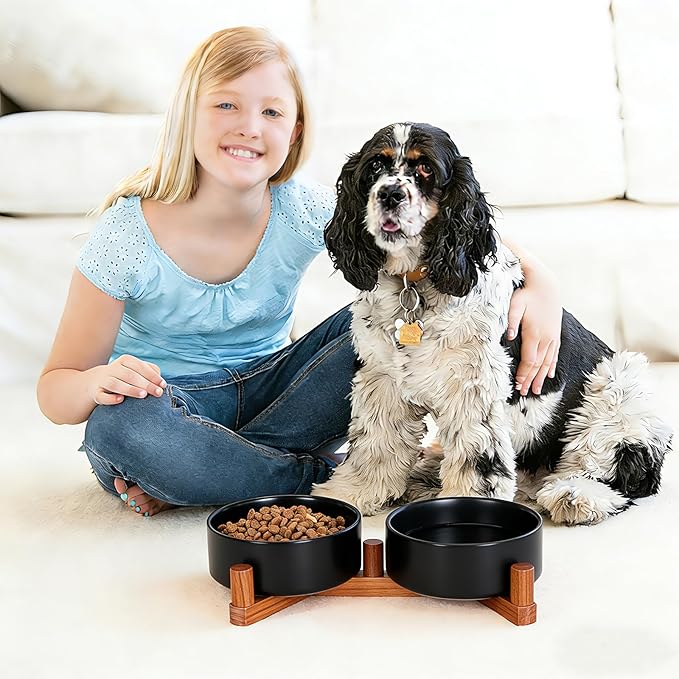 Ceramic Dog Bowl and Cat Bowls Set with 15° Adjustable Wood Stand, Non-Slip Weighted Pet Food and Water Bowls, Dual Raised Feeder for Small Dogs, Matte Glaze Pet Dish 13.5oz Set of 2 (Matte Black)