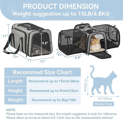 Petsfit 17" x 11" x 11" Airline-Approved Expandable Pet Carrier, 2X Square Expansion Reduces Pet Anxiety, Escape-Proof Self-Locking Zippers, 5 Easy-Access Entrances, for Cats & Small Dogs up to 15 lbs