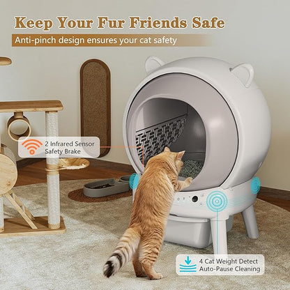 Self Cleaning Litter Box, Automatic Cat Litter Box for Multiple Cats, Auto Litter Box Robot with APP Control, Dual Safety Sensors, Odor Control&Low Noise, Cat Ears Design, Ivory White