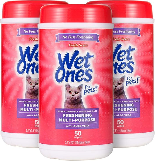 Wet Ones for Cats Freshening Wipes, Multi-Purpose Cat Grooming Wipes with Aloe Vera, Helps Remove Dirt, Odor, and Dander Between Baths, Fresh Scent, 50 Count - 3 Pack