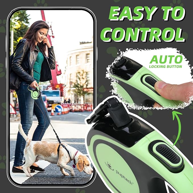 PUPTECK Chew Proof Retractable Dog Leash for up to 110lbs Small Medium Large Dogs, 16ft Reflective Extendable Dog Leash with 15in Durable Wire Rope for Training Walking Green