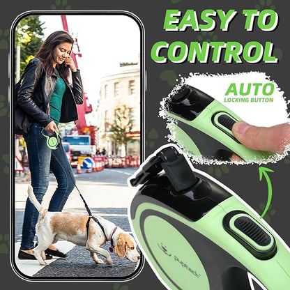 PUPTECK Chew Proof Retractable Dog Leash for up to 110lbs Small Medium Large Dogs, 16ft Reflective Extendable Dog Leash with 15in Durable Wire Rope for Training Walking Green