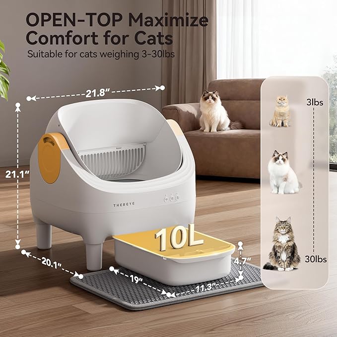 Thereye Self-Cleaning Cat Litter Box,Open-Top Automatic Litter Box with App Control for Multiple Cats, Safety Sensors Protection, Odor Control Includes Trash Bags,Large Waste Bin, White Yellow
