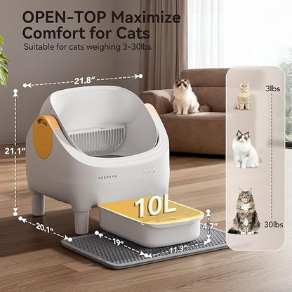 Thereye Self-Cleaning Cat Litter Box,Open-Top Automatic Litter Box with App Control for Multiple Cats, Safety Sensors Protection, Odor Control Includes Trash Bags,Large Waste Bin, White Yellow