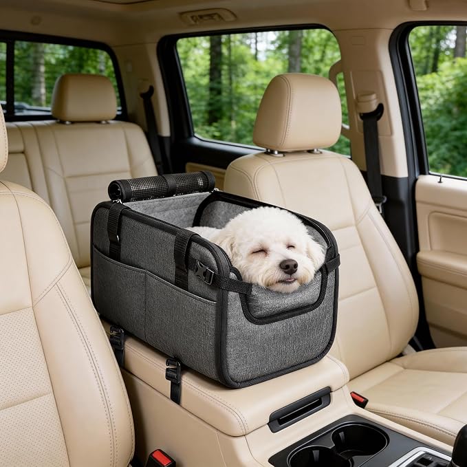 YUDODO Large Dog Car Seat for Center Console (Width＞9.5in) Fits 10-18lbs, Anti-Slip Puppy Cat Travel Portable Booster Seat, Luxury Pet Car Bed Carseat PU Leather Gray