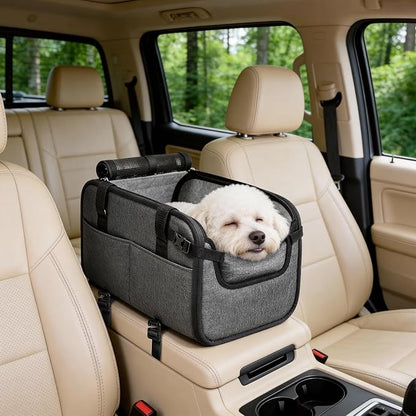 YUDODO Large Dog Car Seat for Center Console (Width＞9.5in) Fits 10-18lbs, Anti-Slip Puppy Cat Travel Portable Booster Seat, Luxury Pet Car Bed Carseat PU Leather Gray