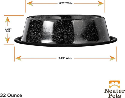 Neater Pet Brands - Outdoor Camping Style Pet Bowl - Enamel Ware Blue Black Granite Colors - Dog Cat No Tip Skid Bowls (32 oz, Black)