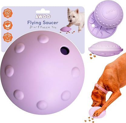 Awoo Flying Saucer Toy - 3-in-1 Silicone Dog Treat Puzzle, Lick Mat and Slow Feeder - for Wet and Dry Food - Dishwasher Safe Pet Toy - Enrichment Game for Dogs up to 30 lbs - Small (Lavender)