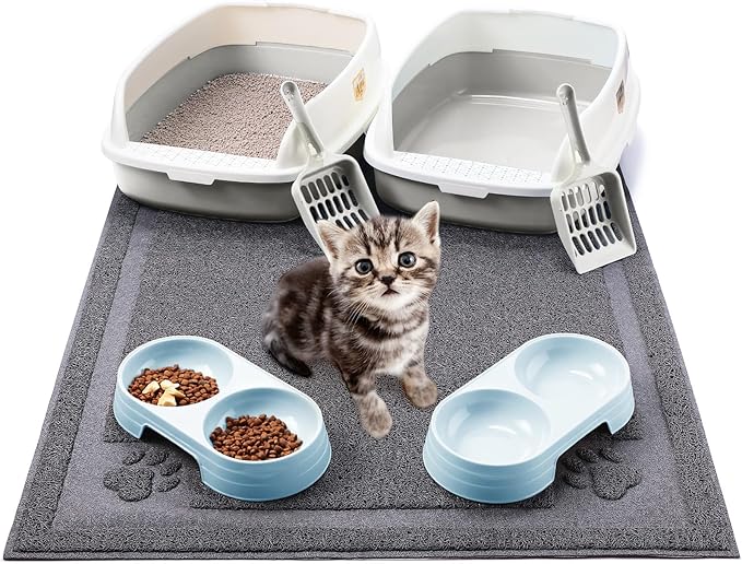 Sliner 7 Pcs Kitten Litter Box Starter Kit, 2 Plastic Small Kitty Litter Box Training Low Entry with Scoop, 2 Double Cat Bowl and Mat for Kitten Indoor(Gray)