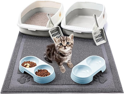 Sliner 7 Pcs Kitten Litter Box Starter Kit, 2 Plastic Small Kitty Litter Box Training Low Entry with Scoop, 2 Double Cat Bowl and Mat for Kitten Indoor(Gray)