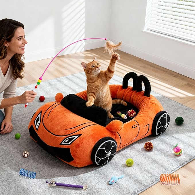 40 Pcs Interactive Cat Toys with Cute Cat Bed, Funny Supercar Kitten Toys for Indoor Kittens, Soft Kitten Beds with Catnip Toys, Chew Rope, Feather Wand, Springs and Balls