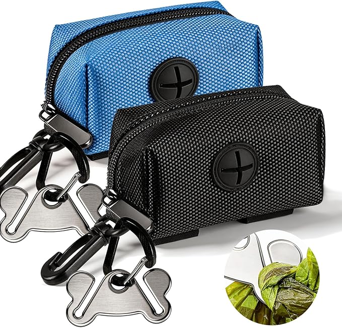 Dog Waste Bag Dispenser Pet Poop Bags Holder for Doggie Waste Bags Dispensers Soft Fabric Zipper Small Doggy Puppy Pouch for Leash Accessory Attachment with Carrier,2PCS Blue&Black
