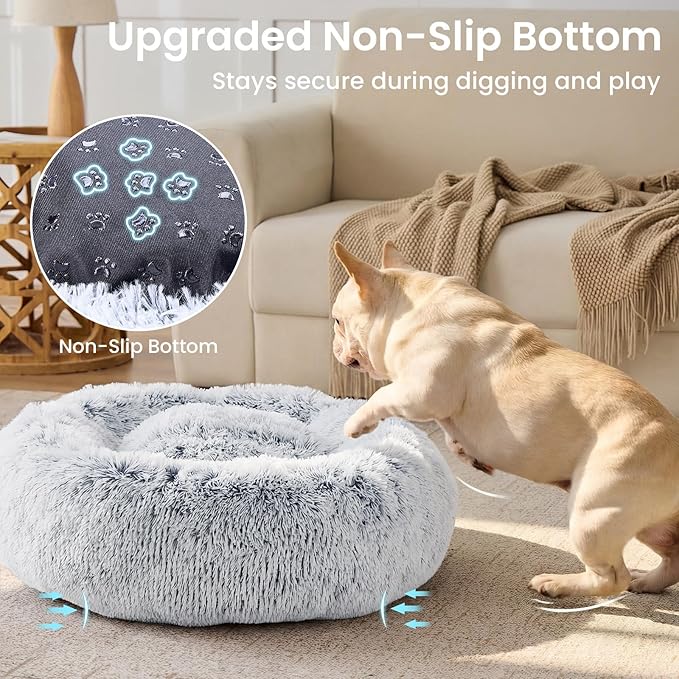 JOLLYVOGUE Small Dog & Cat Beds for Indoor Cats - 20 inches Calming Donut Dog Bed for Kittens & Puppies, Washable Round Fluffy Plush Faux Fur Pet Beds (Smoke Grey)