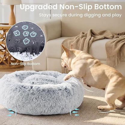 JOLLYVOGUE Small Dog & Cat Beds for Indoor Cats - 20 inches Calming Donut Dog Bed for Kittens & Puppies, Washable Round Fluffy Plush Faux Fur Pet Beds (Smoke Grey)
