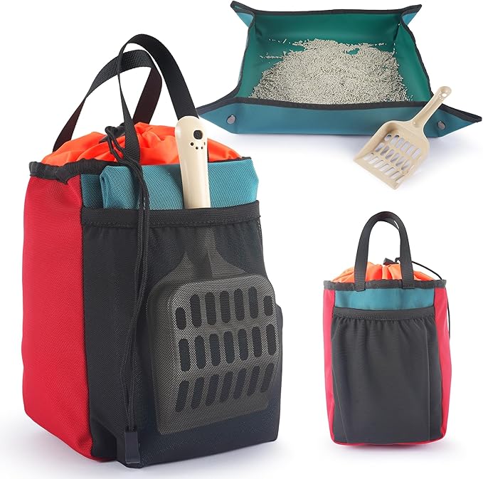 OutdoorBengal Travel Litter Box for Cats (3in1 Kit) – Foldable Litterbox + Litter Bag + Scooper (Portable Litter Box for Cat Traveling) Collapsible Litterbox for Car Travel with Cat, Camping, Plane