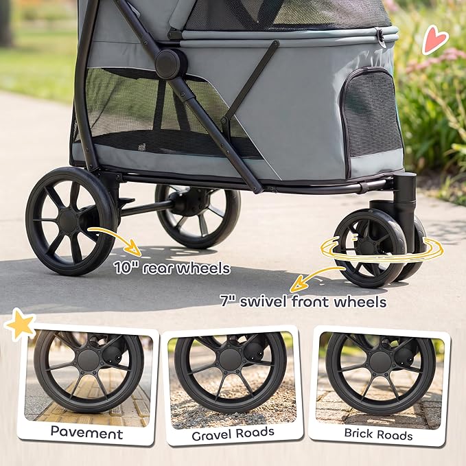 PawHut 3 Wheel Pet Stroller, Dog Stroller Dual Entry, Easy One-Click Quick Fold, All-Terrain Wagon Cart with Air Mesh, Washable Cushion, for Small and Medium Dogs and Cats Up to 44 lbs, Gray