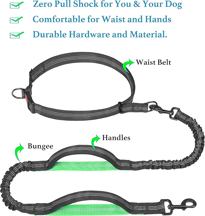 Hands Free Dog Leash for Running, Walking, Hiking, Durable Dual-Handle Bungee Leash with Reflective Stitching and an Adjustable Waist Belt, for Up to 150 lbs Large Dogs (Medium/Large, Black)