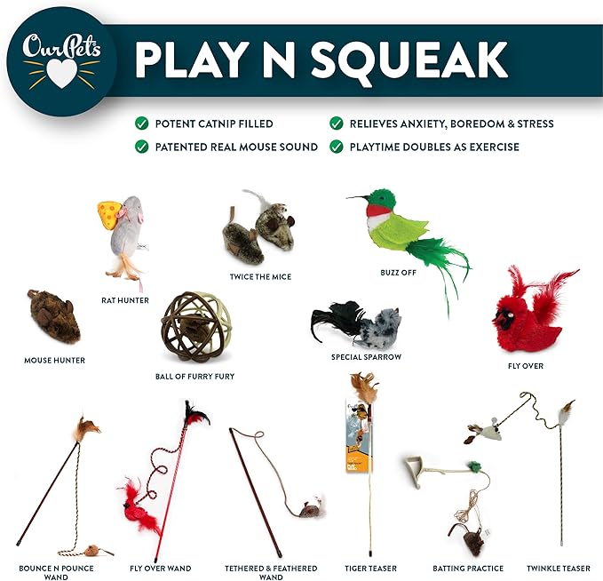 OurPet's Play-N-Squeak Teathered & Feathered Play Wand Cat Toy, for All Breed Sizes
