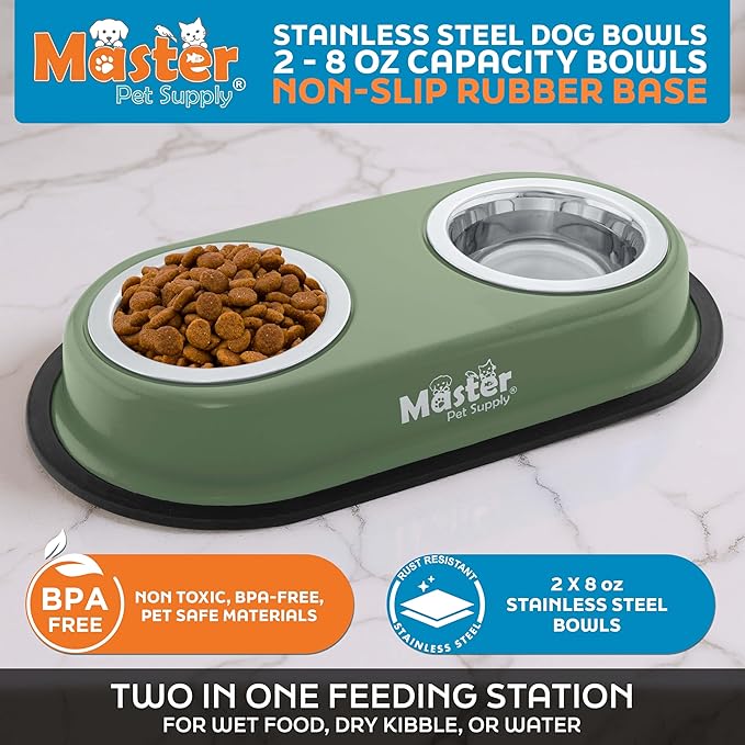 Master Pet Supply Double Dog Bowls Set with Elevated Base and 2 (8 oz) Stainless Steel Removable Dishes (Camo Patrol) – Double Cat Food Water Bowl, Dog Puppy Food Bowl Set, Rust Resistant