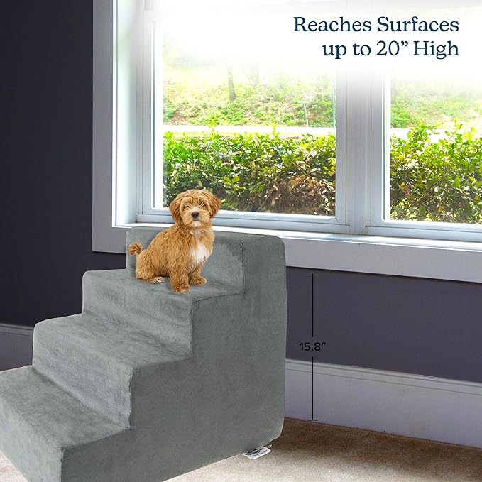 Dog Stairs for Small Dogs - 4-Step Dog Steps for High Bed and Couch - Pet Stairs with Nonslip Bottom, High-Density Foam, and Removable Washable Cover - Cat and Dog Furniture by PETMAKER (Gray)
