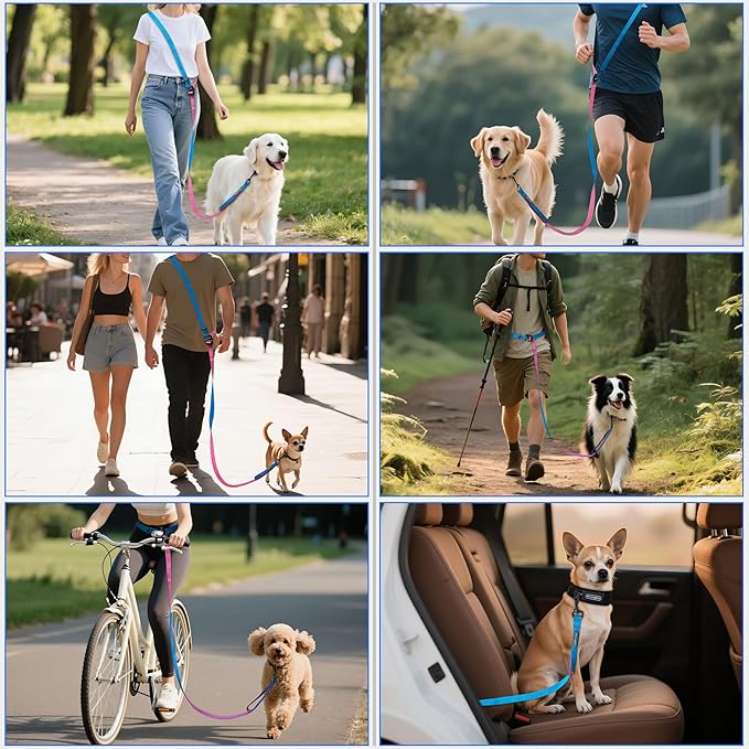 Hands Free Dog Leash, Multifunctional Crossbody Running for Dogs, Ultra-Light Dog Training Leash with Secure Clip, Short & Long Leashes, Adjustable Service Dog Leashes (Aqua Pink)