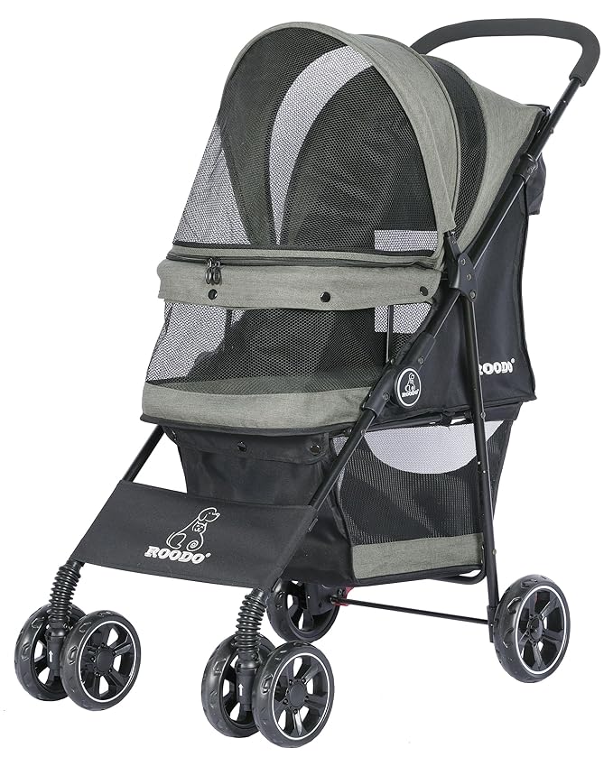 ROODO 4 Wheel Dog Cat Pet Stroller Best Lightweight Foldable Compact Portable Jogger All Terrain Travel Pet Gear Puppy Doggie Bunny Kitty Stroller for up to 30lbs Medium Small Dogs Cats(sage Green)