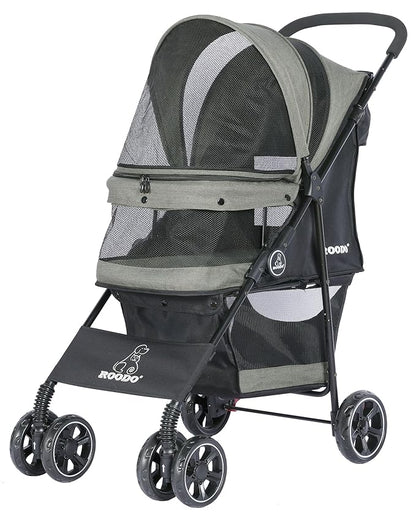 ROODO 4 Wheel Dog Cat Pet Stroller Best Lightweight Foldable Compact Portable Jogger All Terrain Travel Pet Gear Puppy Doggie Bunny Kitty Stroller for up to 30lbs Medium Small Dogs Cats(sage Green)