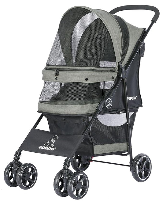 ROODO 4 Wheel Dog Cat Pet Stroller Best Lightweight Foldable Compact Portable Jogger All Terrain Travel Pet Gear Puppy Doggie Bunny Kitty Stroller for up to 30lbs Medium Small Dogs Cats(sage Green)