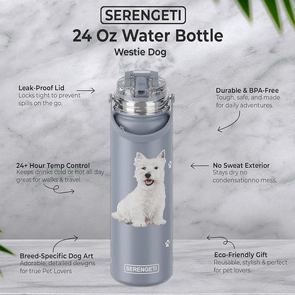 SERENGETI 24 Oz Water Bottle Stainless Steel with Spill Proof Lid - Double walled Vacuum Insulated water flask - Realistic 3D Print of your favorite dog (Westie)