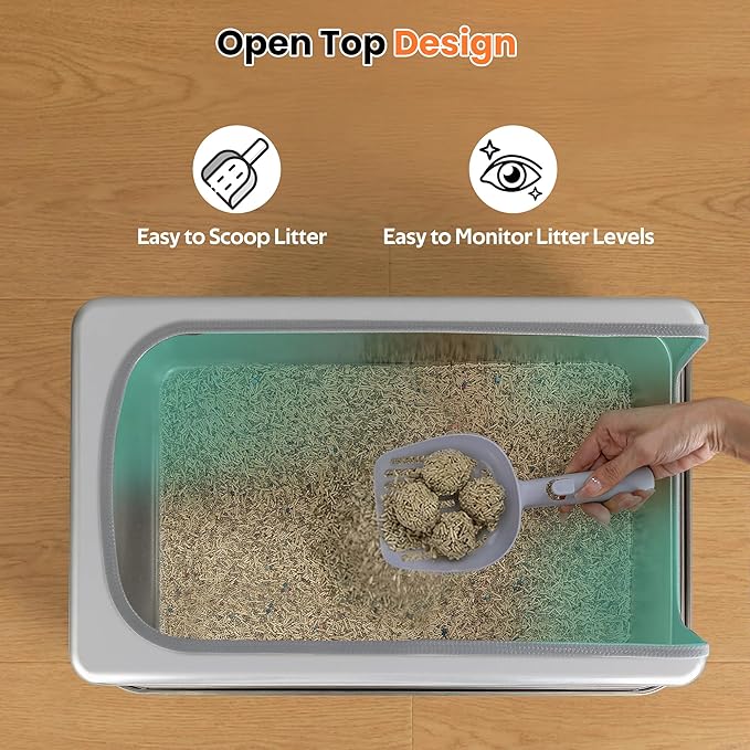 Stainless Steel Litter Box with Metal Lid and Scoop - Enclosed Metal Litter Box for Large Cats, Rust-Resistant, Odor-Control, Easy to Clean, Durable & Long-Lasting with Round Edge (XL-)