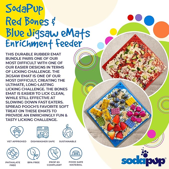 SodaPup Red Bones & Blue Jigsaw eMat Bundle – Durable Lick Mat Feeder Made in USA from Non-Toxic, Pet-Safe, Food Safe Rubber for Avoiding Overfeeding, Digestive Health, Calming, & More