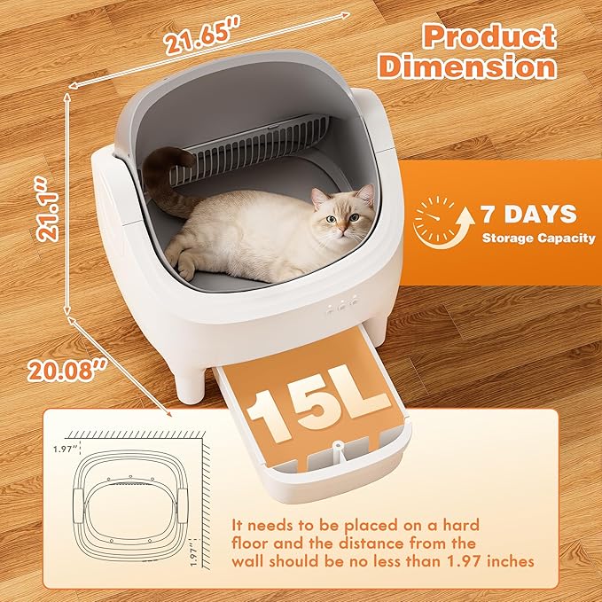 Greesum Self Cleaning Cat Litter Box – Automatic Open-Top Smart Litter Box with App Control, 15L Odor-Sealed Waste Bin, Ultra Quiet 35dB, Multi-Cat & Large Cat Compatible, with Trash Bags & Mat