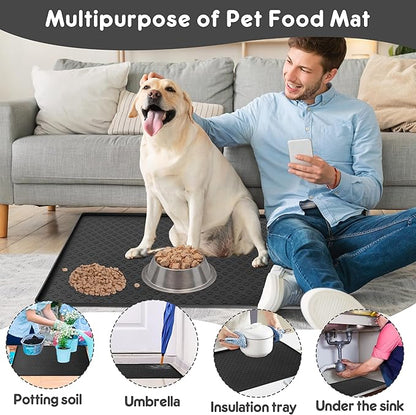Silicone Dog Dish Mat for Food and Water - 23.6" *15.7" Waterproof Slip Pet Feeding Mat with Raised Edges to Prevent Messes on Floor (Black)