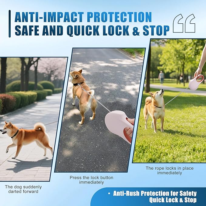 Retractable Dog Leash, 16 ft Strong Nylon Tape, 360° Tangle-Free, One-Handed Brake, Pause and Lock, Durable Non-Slip Handle, Lightweight, for Small, Medium and Large Breeds up to 88 lbs, Pink