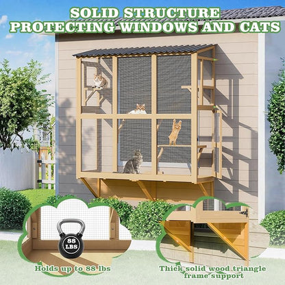 Catio Outdoor Cat Enclosure Window Perch, Expandable Cat Window Box for Multiple Indoor Cats w/4 Platforms & 4 Doors, Patio Kitten House for Sunbathing Overlooking Tunnel Connection (Burlywood)