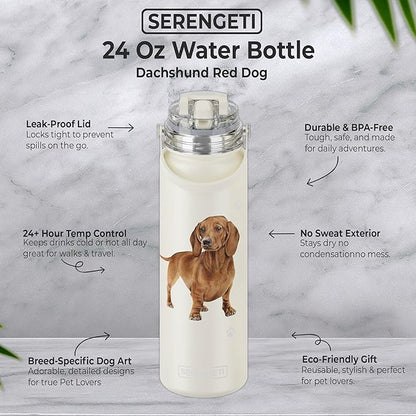 SERENGETI 24 Oz Water Bottle Stainless Steel with Spill Proof Lid - Double walled Vacuum Insulated water flask - Realistic 3D Print of your favorite dog (Dachshund red)