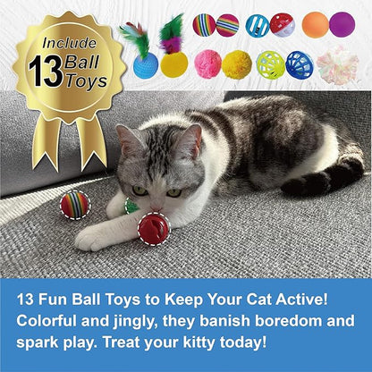 PetLike 25pcs Interactive Cat Toys Set Collapsible Cat Tunnel Interactive Feather Teaser Wand,Spring Toys & Balls for Indoor Cats (Green, 25x55cm)