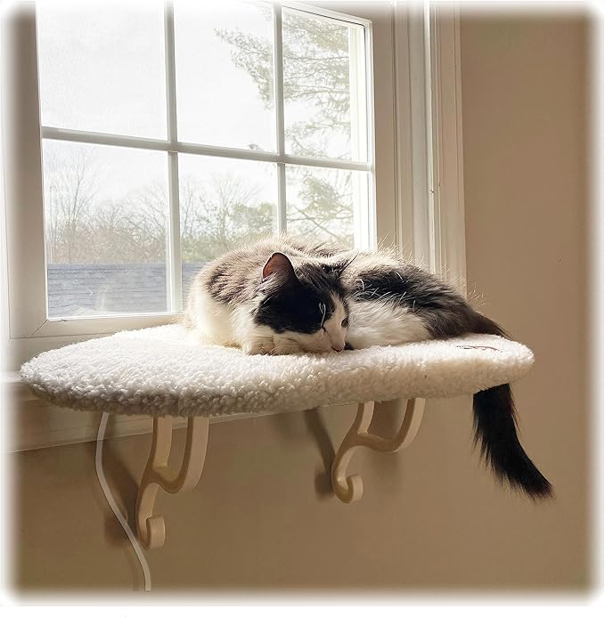 K&H Pet Products Kitty Sill Heated Cat Window Perch for Large Cats, Orthopedic Window Hammock Bed Holds 40LBS, Washable Cover, Kitty Windowsill Bed Seat for Indoors - Cream Fleece, Heated, 14 X 24in
